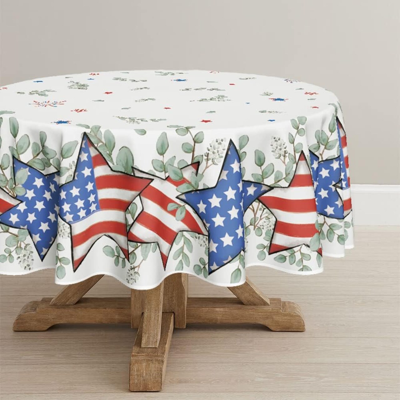 70×70 Inch Round 4th of July Tablecloth – Patriotic Eucalyptus Star Design for Independence Day, Memorial Day, Party, Picnic, and Dinner Decor